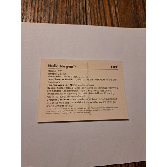 Vintage 1989 WWF Hulk Hogan Trading Card #137 Titan Sports WWE Wrestling - Picture 2 of 3